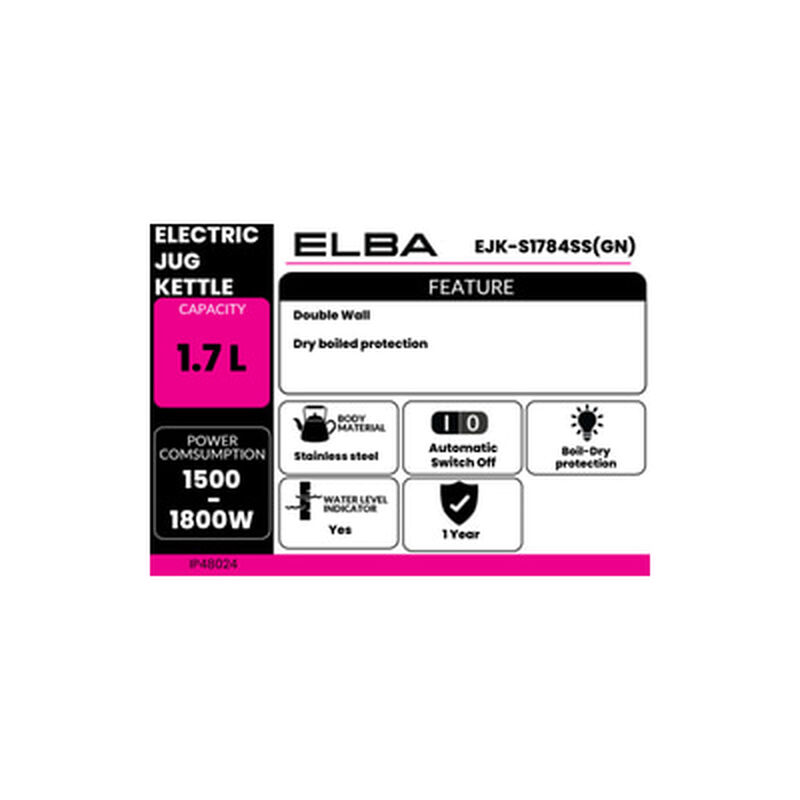 ELBA Jug Kettle 1.7l EJK-S1784SS(GN)-image 2