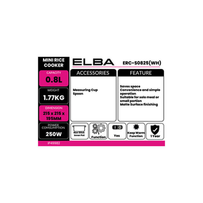 ELBA Rice Cooker 0.8l ERC-S0825(WH)-image 5