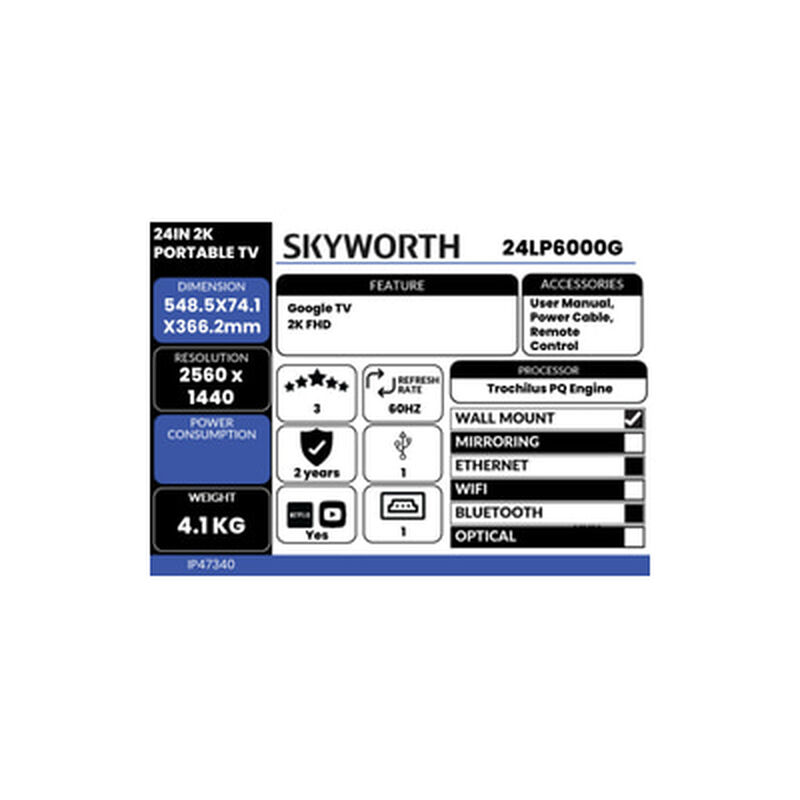 SKYWORTH 24in 2k Portable Tv 24LP6000G-image 3
