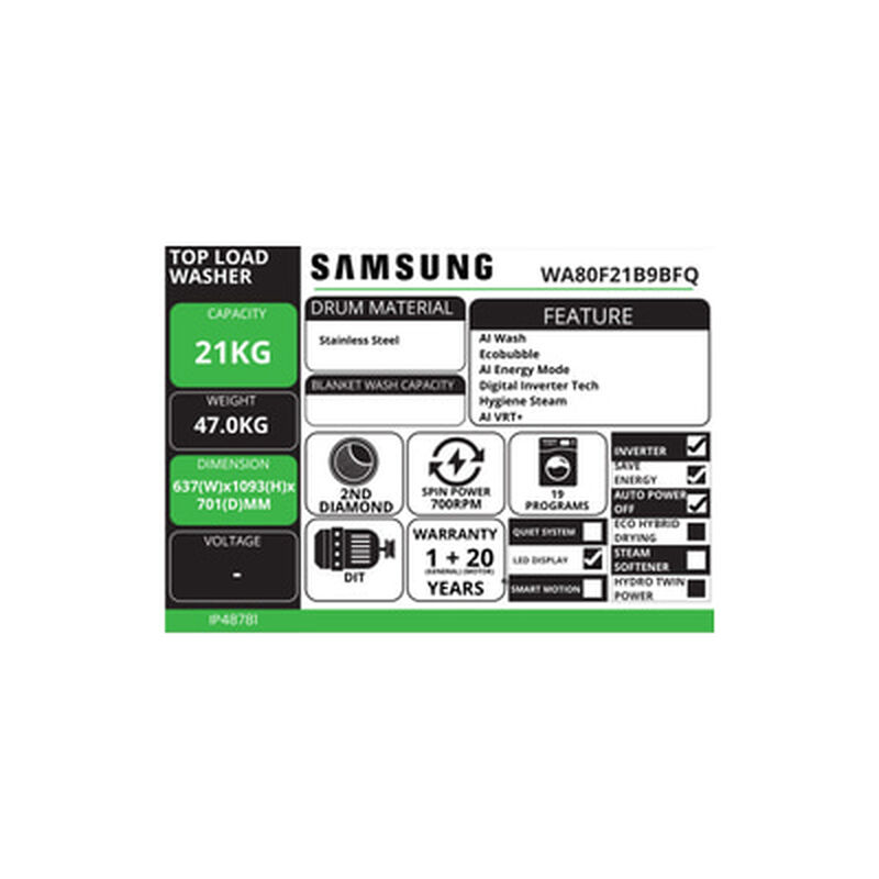 SAMSUNG Top Load Washer 21kg WA80F21B9BFQ-image 5