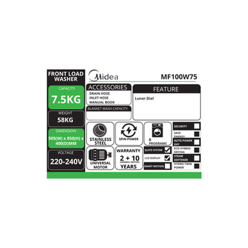 MIDEA Front Load Washer 7.5kg MF100W75-image 9