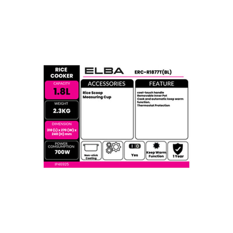 ELBA Rice Cooker 1.8l ERC-R1877T(BL)-image 2