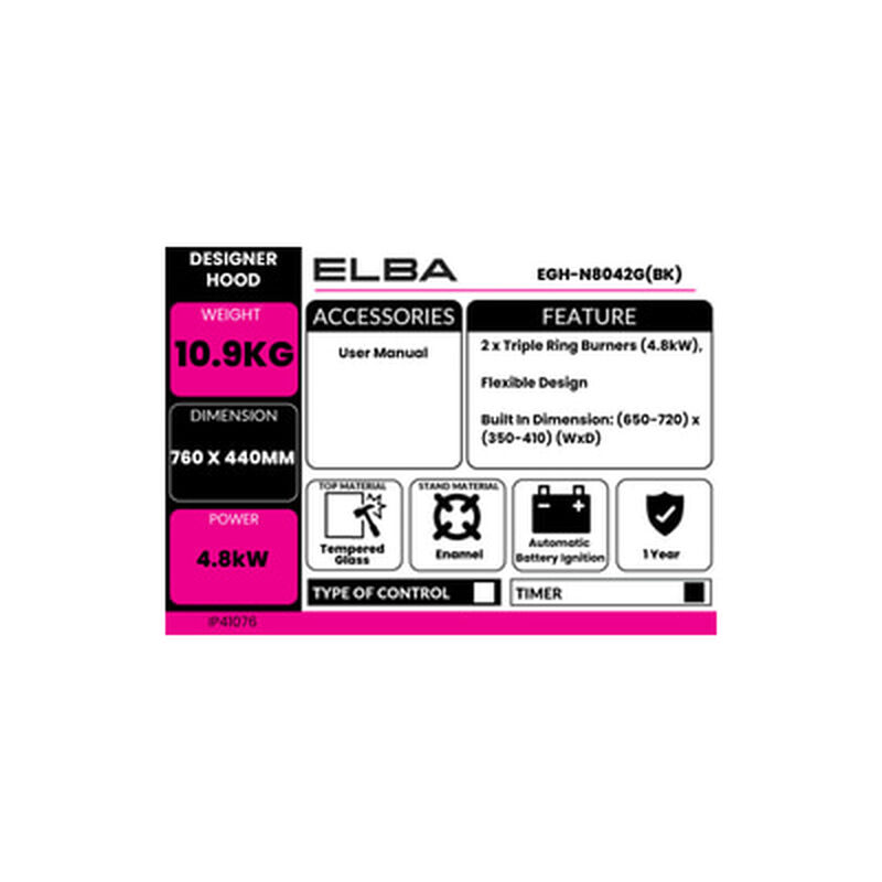 ELBA Built In Hob Glass Top EGH-N8042G(BK)-image 2