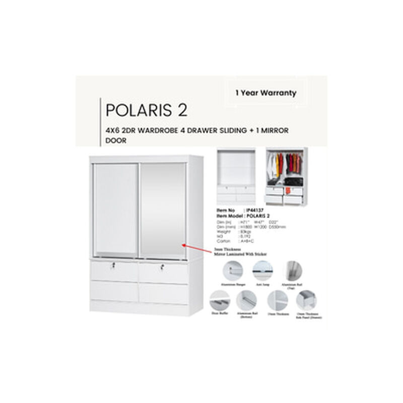 4x6 2dr Wardrobe 4 Drawer Pu White POLARIS 2-image 1